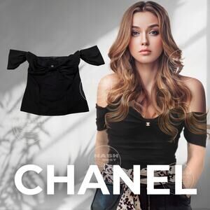 Chanel 23S Black Jersey Off-Shoulder Bow Top | Rare Crystal CC Logo FR 36